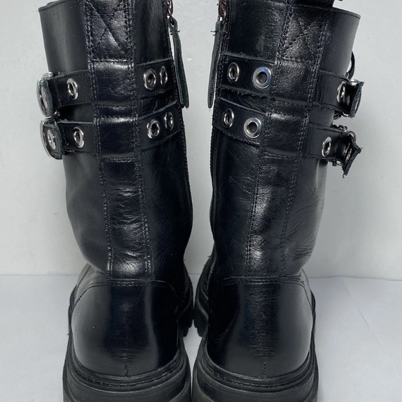 ZARA Black Leather Combat Boots Double Buckle Grommet Lace Up Lug Sole Size 7.5 - Picture 4 of 16